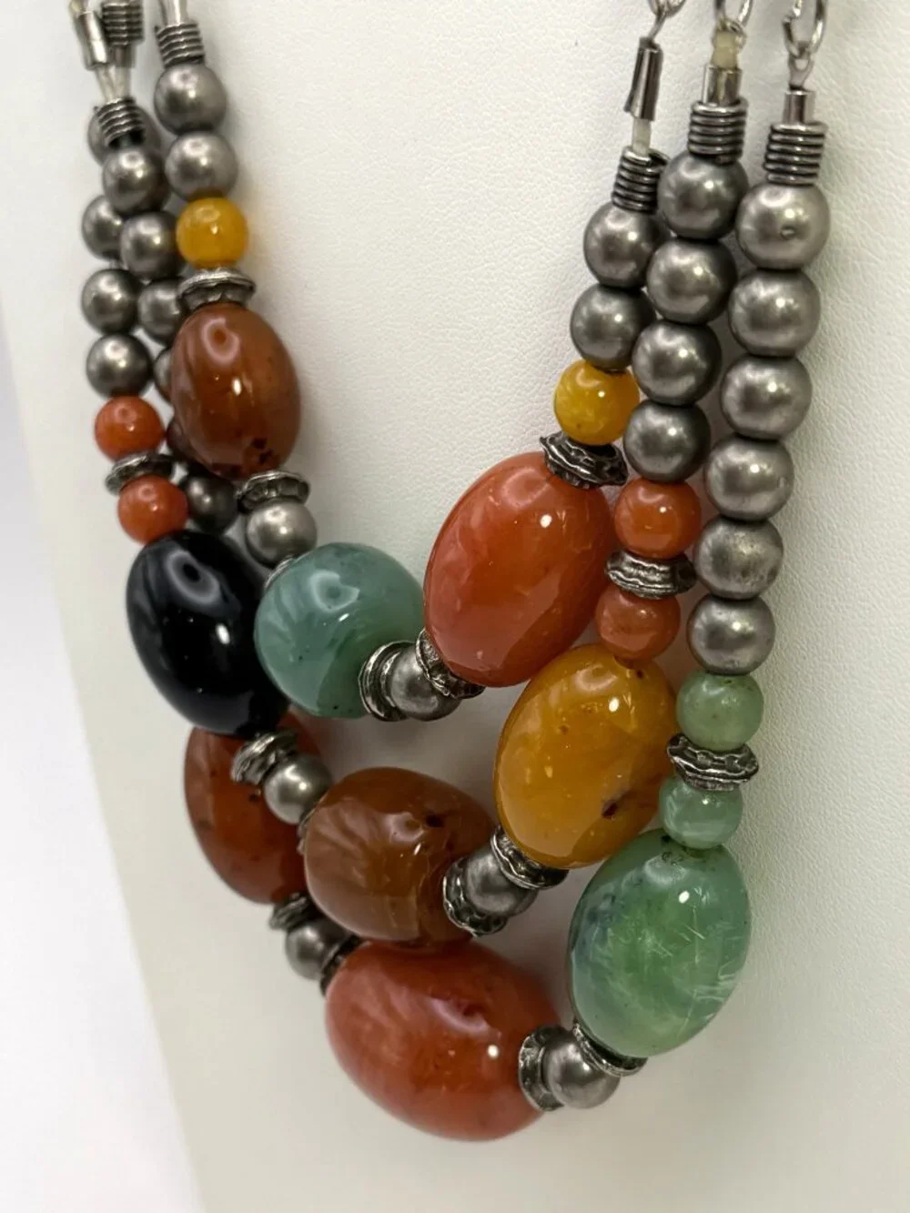 Vintage Chunky Resin Bead Necklace Multi Strand Orange Green Silver Tone 124g